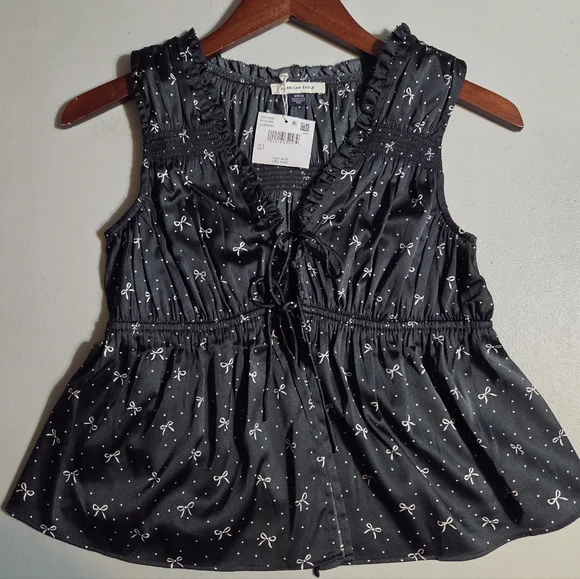 NWT American Eagle Bow Print Tie Top Small Black Spring Blouse Romantic Vest - Picture 8 of 13
